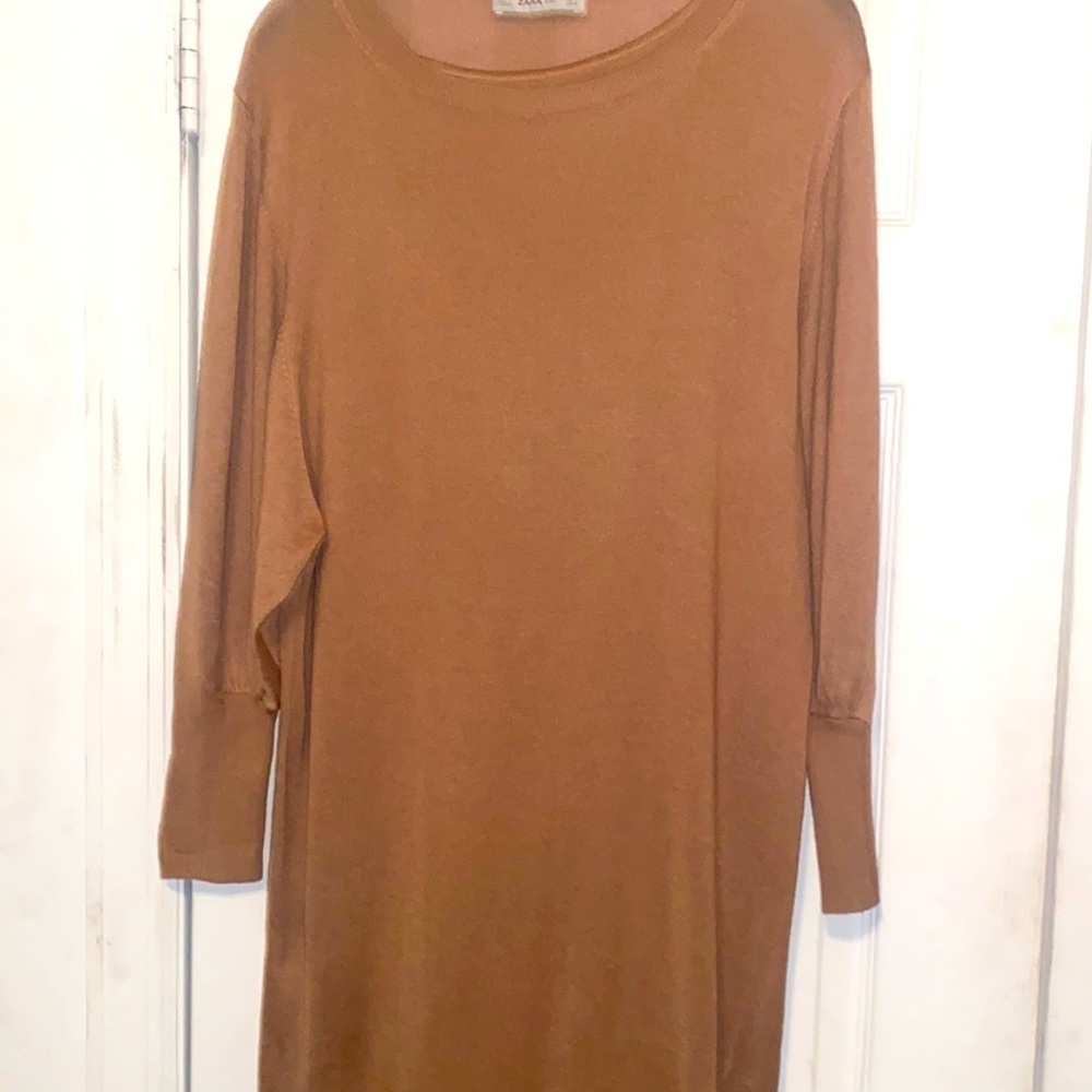 Zara Woman Tan midi three quarter sleeve knit dress size M